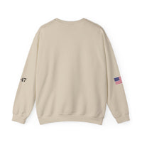 Trump 2028 American Flag & 45-47 on Sleeves Heavy Blend Crewneck Sweatshirt/Sweater