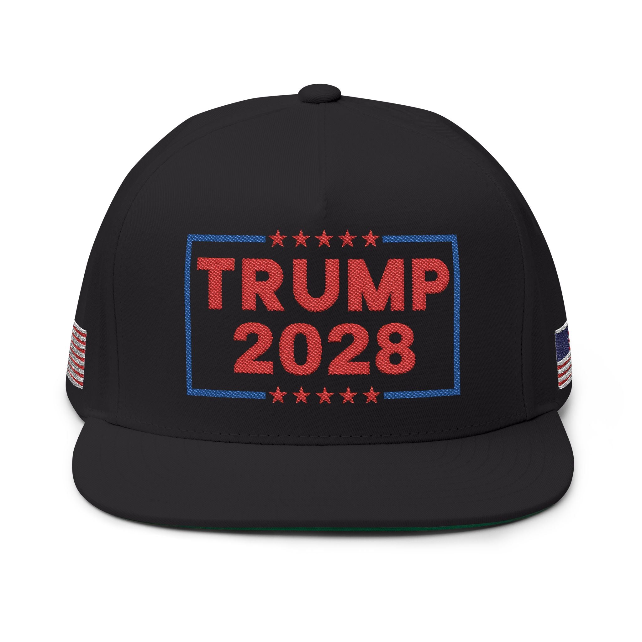 Trump 2028 Hat - Embroidered w/n Red Text on Black Cap w/ American