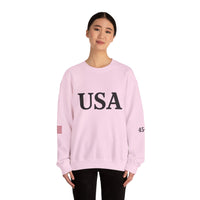 USA Trump 45-47 & American Flag on Sleeves Heavy Blend Crewneck Sweatshirt/Sweater