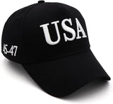 Trump 2024 USA Embroidered Hat With 45-47  & US Flag on Sides - Black