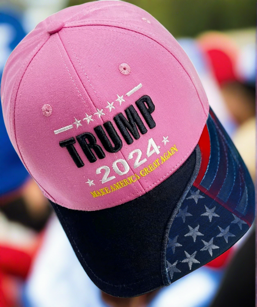 Pink Trump 2024 Make America Great Again Hat w/ American Flag Bill