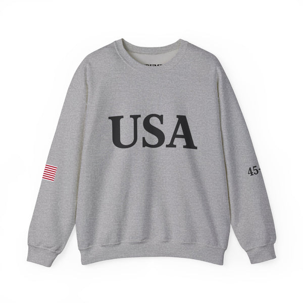 USA Trump 45-47 & American Flag on Sleeves Heavy Blend Crewneck Sweatshirt/Sweater