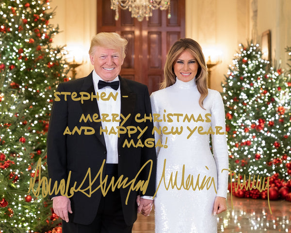 Personalized Autograph White Christmas House photo with Donald and Melania Trump.