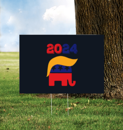 Black GOP Elephant Mascot with Trump Hair - Election 2024 Yard Sign w/ Stake