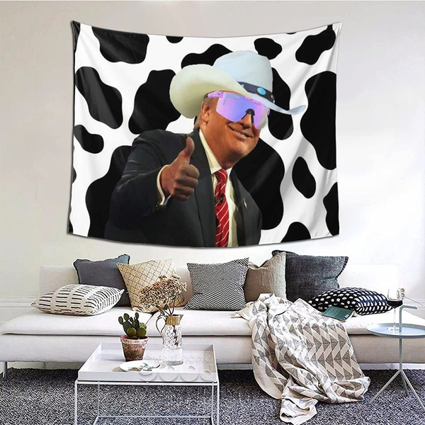 Trump Merch Cow Print Cowboy Hat Tapestry, Trump Tapestry Poster Funny Tapestry Boutique Art Tapestry Wall Hanging Pop Art Home Decorations for Living Room Bedroom Dorm Decor (59.1 x 51.2 inches)