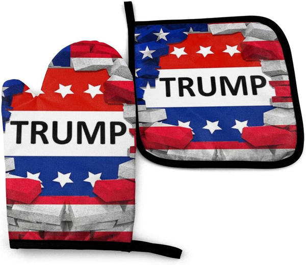 American USA Trump Flag Oven Mitts and Pot Holders Sets Heat Resistant Kitchen Oven Gloves Mats for Holiday Cooking Baking BBQ